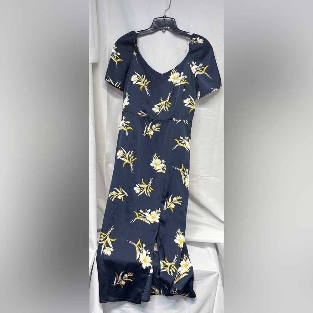 Sam Edelman Navy Floral Midi  tossed flower puff  stretchy sleeve Dress size 4 - Picture 3 of 10
